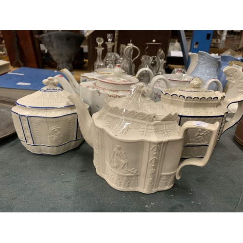 913 - FIVE VINTAGE TEAPOTS TO INCLUDE TWO PARIAN WARE AND A PARIAN WARE SUGAR BOWL