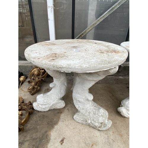 1506 - A PAINTED CONCRETE GARDEN TABLE WITH FISH PEDESTAL BASES