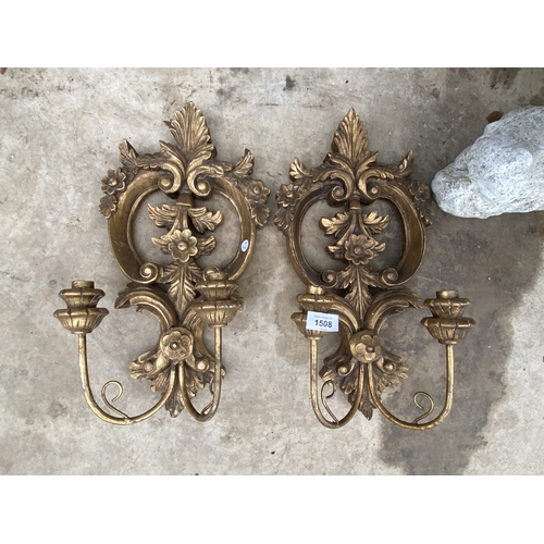 1508 - A PAIR OF WOODEN GILT WALL CANDLE SCONCES