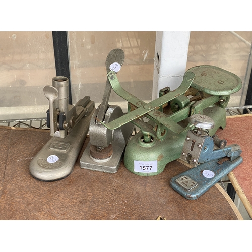1577 - THREE VINTAGE STAMPS AND A SET OF BALANCE SCALES