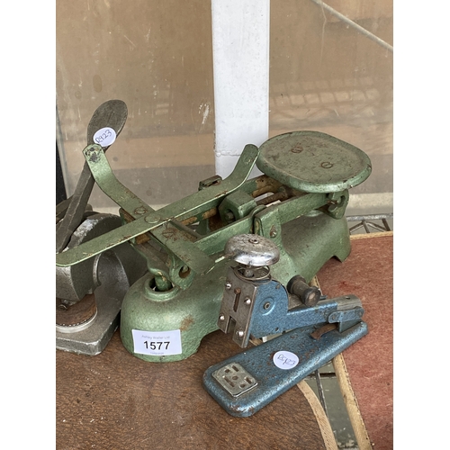 1577 - THREE VINTAGE STAMPS AND A SET OF BALANCE SCALES