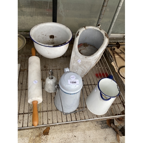 1596 - AN ASSORTMENT OF ITEMS TO INCLUDE AN ENAMEL JUG AND BOWL AND A ROLLING PIN ETC