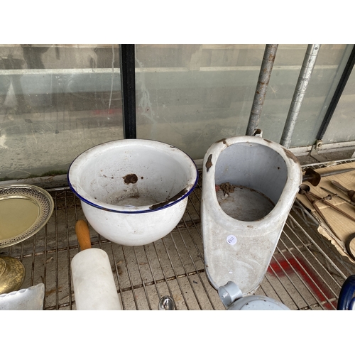 1596 - AN ASSORTMENT OF ITEMS TO INCLUDE AN ENAMEL JUG AND BOWL AND A ROLLING PIN ETC