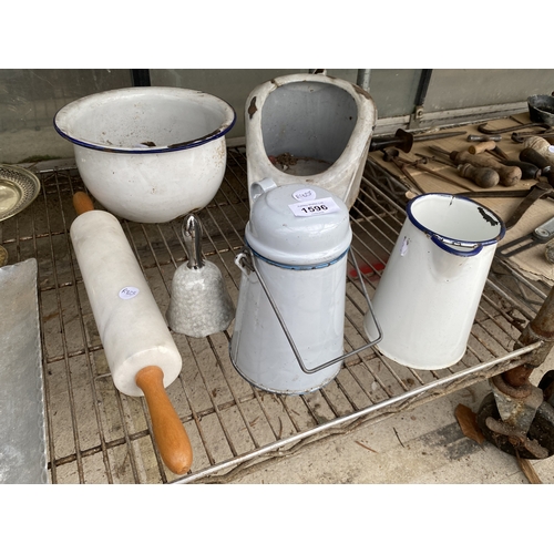 1596 - AN ASSORTMENT OF ITEMS TO INCLUDE AN ENAMEL JUG AND BOWL AND A ROLLING PIN ETC