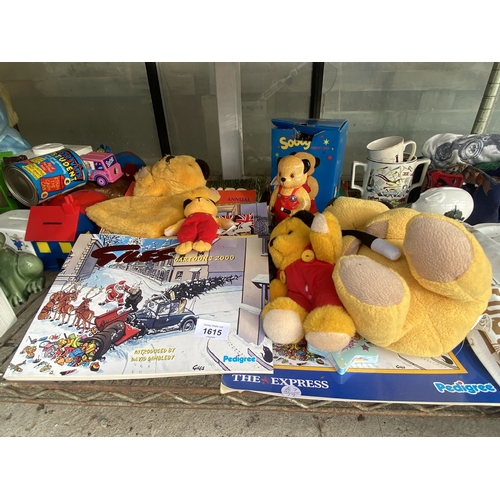 1615 - AN ASSORTMENT OF SOOTY AND SWEEP ITEMS TO INCLUDE ANNUALS, TEDDIES AND A PUPPET ETC
