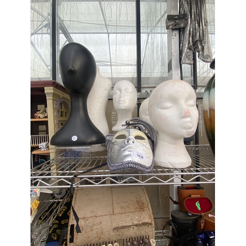 1638 - SIX VARIOUS ART ITEMS TO INCLUDE HAT/WIG STANDS AND A MASK ETC