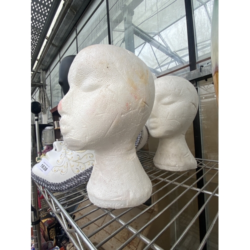 1638 - SIX VARIOUS ART ITEMS TO INCLUDE HAT/WIG STANDS AND A MASK ETC