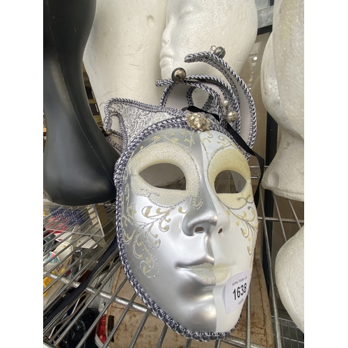 1638 - SIX VARIOUS ART ITEMS TO INCLUDE HAT/WIG STANDS AND A MASK ETC