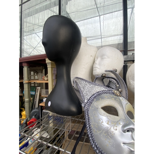 1638 - SIX VARIOUS ART ITEMS TO INCLUDE HAT/WIG STANDS AND A MASK ETC