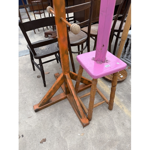 2709 - A FREE STANDING COAT/HAT STAND AND PAINTED STAND WITH STOOL BASE SURMOUNTED WITH PLASTIC MANNEQUIN H... 