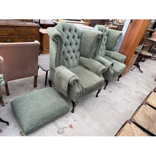 2740 - A PAIR OF WINGED FIRESIDE CHAIRS ON CABRIOLE LEGS AND LOW STOOL