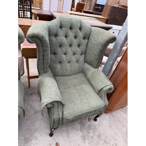 2740 - A PAIR OF WINGED FIRESIDE CHAIRS ON CABRIOLE LEGS AND LOW STOOL