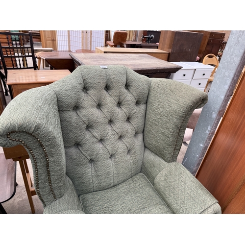 2740 - A PAIR OF WINGED FIRESIDE CHAIRS ON CABRIOLE LEGS AND LOW STOOL