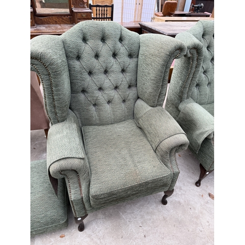 2740 - A PAIR OF WINGED FIRESIDE CHAIRS ON CABRIOLE LEGS AND LOW STOOL