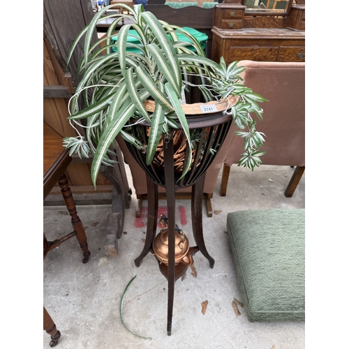 2741 - A REGENCY STYLE JARDINIER STAND WITH SLATTED BASKET STYLE TOP WITH COPPER JARDINIER AND KETTLE