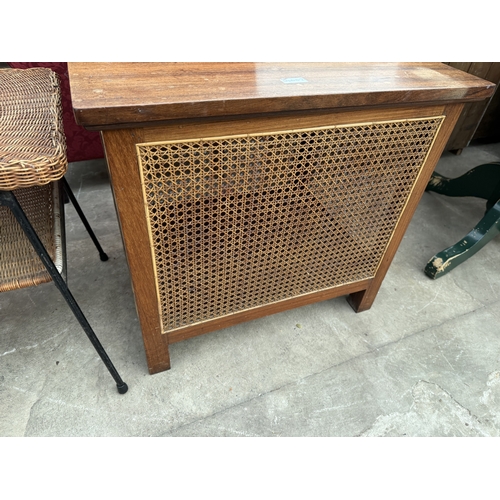 2795 - A HARDWOOD LINEN BOX WITH CANE SIDES
