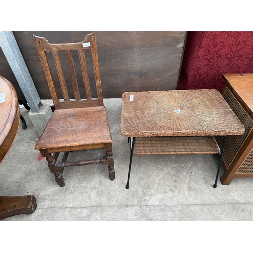 2796 - A TWO TIER WICKER COFFEE TABLE ON METALWARE FRAME AND AN OAK AND PINE COUNTRY CHAIR