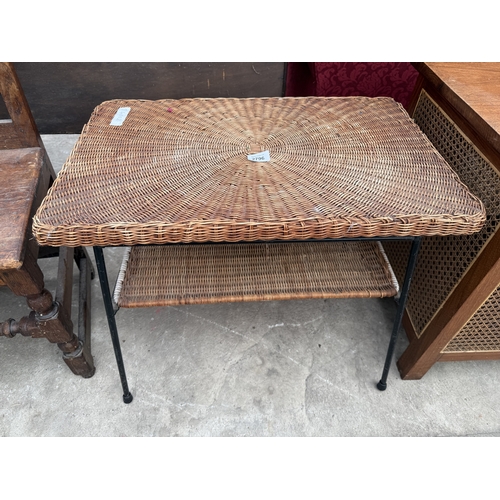 2796 - A TWO TIER WICKER COFFEE TABLE ON METALWARE FRAME AND AN OAK AND PINE COUNTRY CHAIR