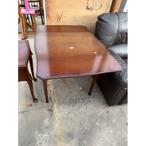 2804 - A STRONGBOW FURNITURE MAHOGANY AND INLAID DROP LEAF TABLE WITH SINGLE DRAWER ON TAPERING LEGS