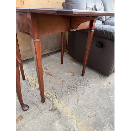 2804 - A STRONGBOW FURNITURE MAHOGANY AND INLAID DROP LEAF TABLE WITH SINGLE DRAWER ON TAPERING LEGS