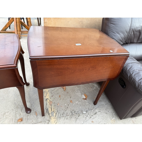 2804 - A STRONGBOW FURNITURE MAHOGANY AND INLAID DROP LEAF TABLE WITH SINGLE DRAWER ON TAPERING LEGS