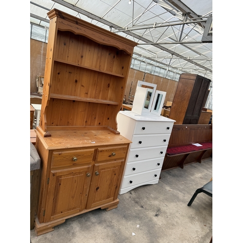2816 - A PINE KITCHEN DRESSER WITH PLATE RACK, 36