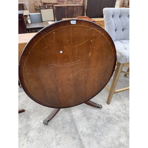2818 - A MAHOGANY AND CROSSBANDED PEDESTAL TILT TOP TABLE, 36