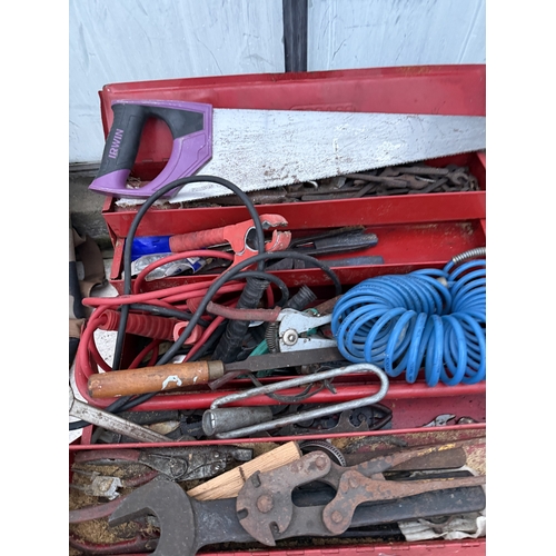 1699 - A METAL TOOL BOX WITH AN ASSORTMENT OF TOOLS TO INCLUDE CHISELS, RASPS AND SPANNERS ETC