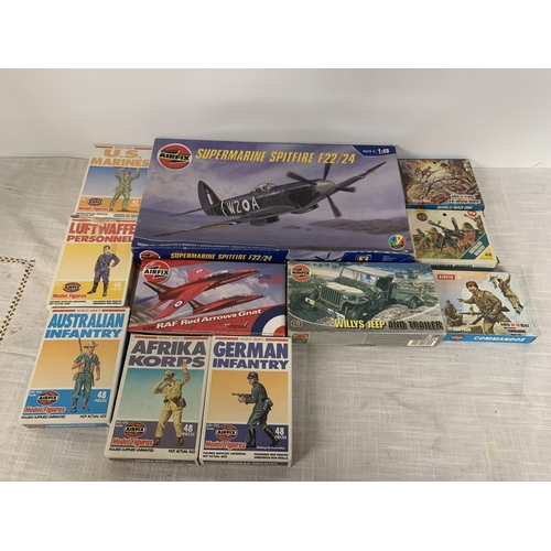 319 - ELEVEN AIRFIX KITS TO INCLUDE SPITFIRE, WILLYS JEEP, SOLDIERS ETC