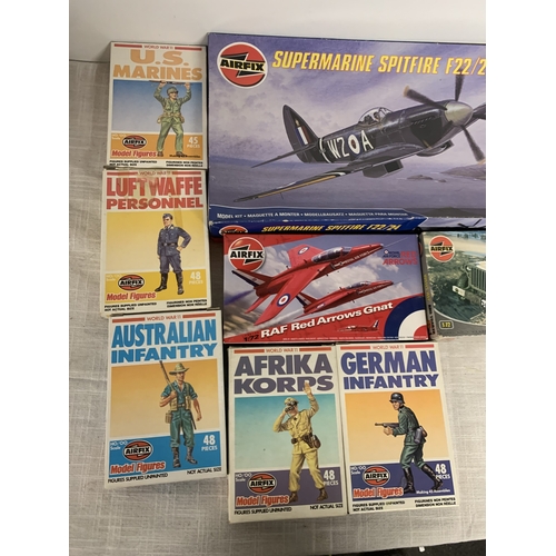 319 - ELEVEN AIRFIX KITS TO INCLUDE SPITFIRE, WILLYS JEEP, SOLDIERS ETC