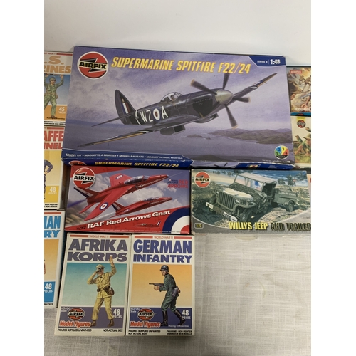 319 - ELEVEN AIRFIX KITS TO INCLUDE SPITFIRE, WILLYS JEEP, SOLDIERS ETC