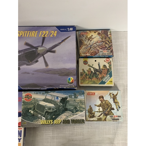 319 - ELEVEN AIRFIX KITS TO INCLUDE SPITFIRE, WILLYS JEEP, SOLDIERS ETC