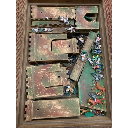 351 - A WOODEN FORT WITH A QUANTITY OF MEDIEVAL FIGURES AND HORSES