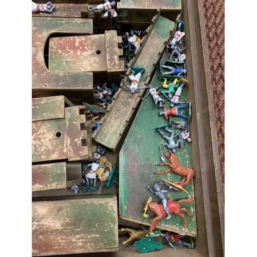 351 - A WOODEN FORT WITH A QUANTITY OF MEDIEVAL FIGURES AND HORSES