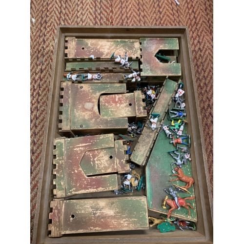 351 - A WOODEN FORT WITH A QUANTITY OF MEDIEVAL FIGURES AND HORSES