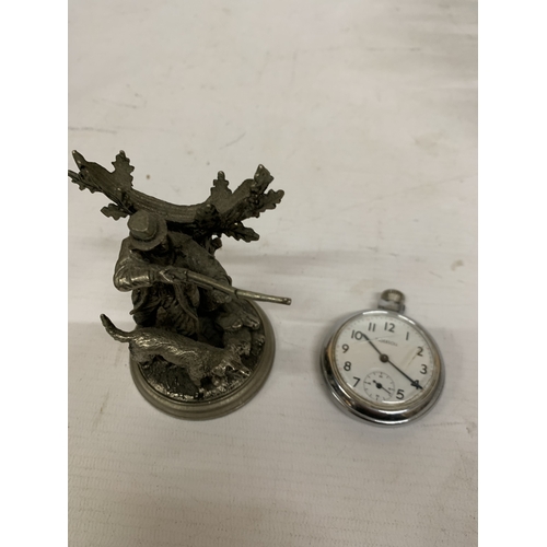 133 - A HEAVY PEWTER GAME KEEPER WATCH STAND WITH AN INGERSOLL POCKET WATCH