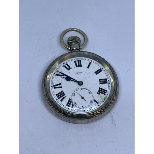 369 - A LIMIT POCKET WATCH WITH WHITE ENAMEL FACE, ROMAN NUMERALS AND SUB DIAL, MARKED LMS 9336 TO THE REA... 