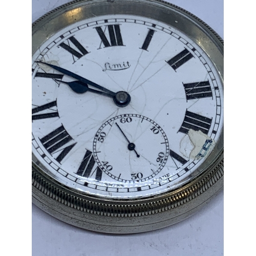 369 - A LIMIT POCKET WATCH WITH WHITE ENAMEL FACE, ROMAN NUMERALS AND SUB DIAL, MARKED LMS 9336 TO THE REA... 