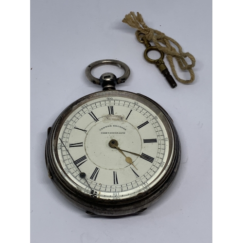 580 - A HALLMARKED CHESTER SILVER CENTRE SECONDS CHRONOGRAPH WRIST WATCH WITH WHITE ENAMEL FACE, ROMAN NUM... 