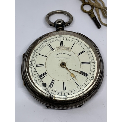 580 - A HALLMARKED CHESTER SILVER CENTRE SECONDS CHRONOGRAPH WRIST WATCH WITH WHITE ENAMEL FACE, ROMAN NUM... 