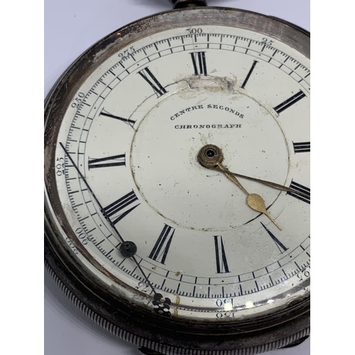 580 - A HALLMARKED CHESTER SILVER CENTRE SECONDS CHRONOGRAPH WRIST WATCH WITH WHITE ENAMEL FACE, ROMAN NUM... 