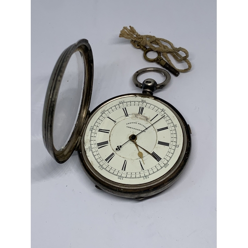 580 - A HALLMARKED CHESTER SILVER CENTRE SECONDS CHRONOGRAPH WRIST WATCH WITH WHITE ENAMEL FACE, ROMAN NUM... 