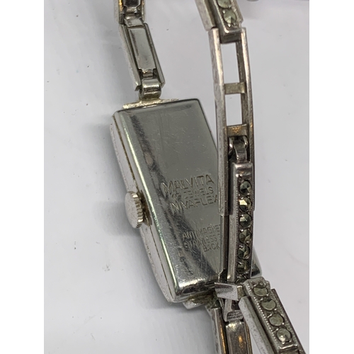 583 - A VINTAGE SILVER AND MARCASITE COCKTAIL WATCH IN A PRESENTATION BOX