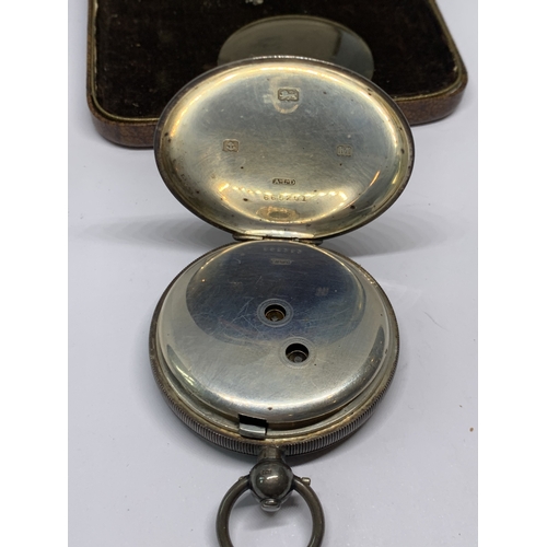 781 - A HALLMARKED BIRMINGHAM SILVER POCKET WATCH WITH WHITE ENAMEL FACE, SUB DIAL AND ROMAN NUMERALS