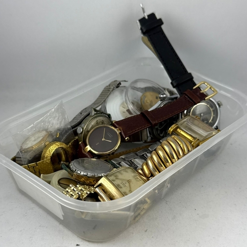 304 - A WATCHMAKER'S BOX OF WATCHES AND PARTS TO INCLUDE ROLEX DAY DATE, CARTIER, ENICAR, ELGIN, CHRONOGRA... 