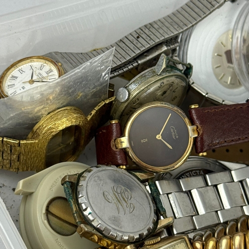 304 - A WATCHMAKER'S BOX OF WATCHES AND PARTS TO INCLUDE ROLEX DAY DATE, CARTIER, ENICAR, ELGIN, CHRONOGRA... 
