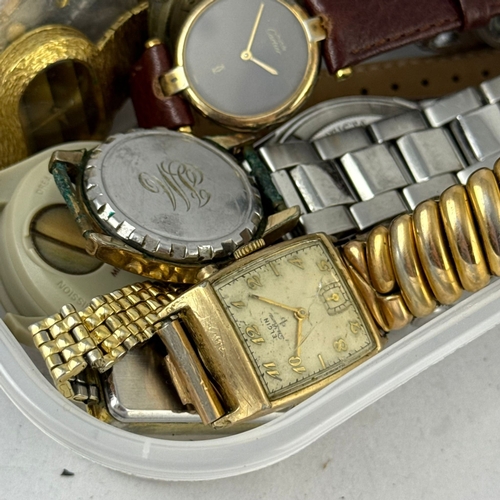 304 - A WATCHMAKER'S BOX OF WATCHES AND PARTS TO INCLUDE ROLEX DAY DATE, CARTIER, ENICAR, ELGIN, CHRONOGRA... 