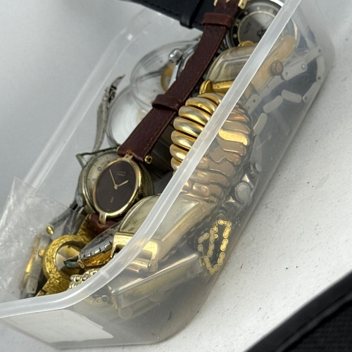 304 - A WATCHMAKER'S BOX OF WATCHES AND PARTS TO INCLUDE ROLEX DAY DATE, CARTIER, ENICAR, ELGIN, CHRONOGRA... 