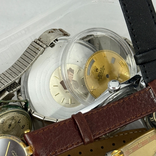 304 - A WATCHMAKER'S BOX OF WATCHES AND PARTS TO INCLUDE ROLEX DAY DATE, CARTIER, ENICAR, ELGIN, CHRONOGRA... 