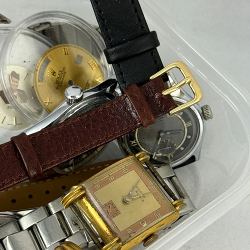 304 - A WATCHMAKER'S BOX OF WATCHES AND PARTS TO INCLUDE ROLEX DAY DATE, CARTIER, ENICAR, ELGIN, CHRONOGRA... 